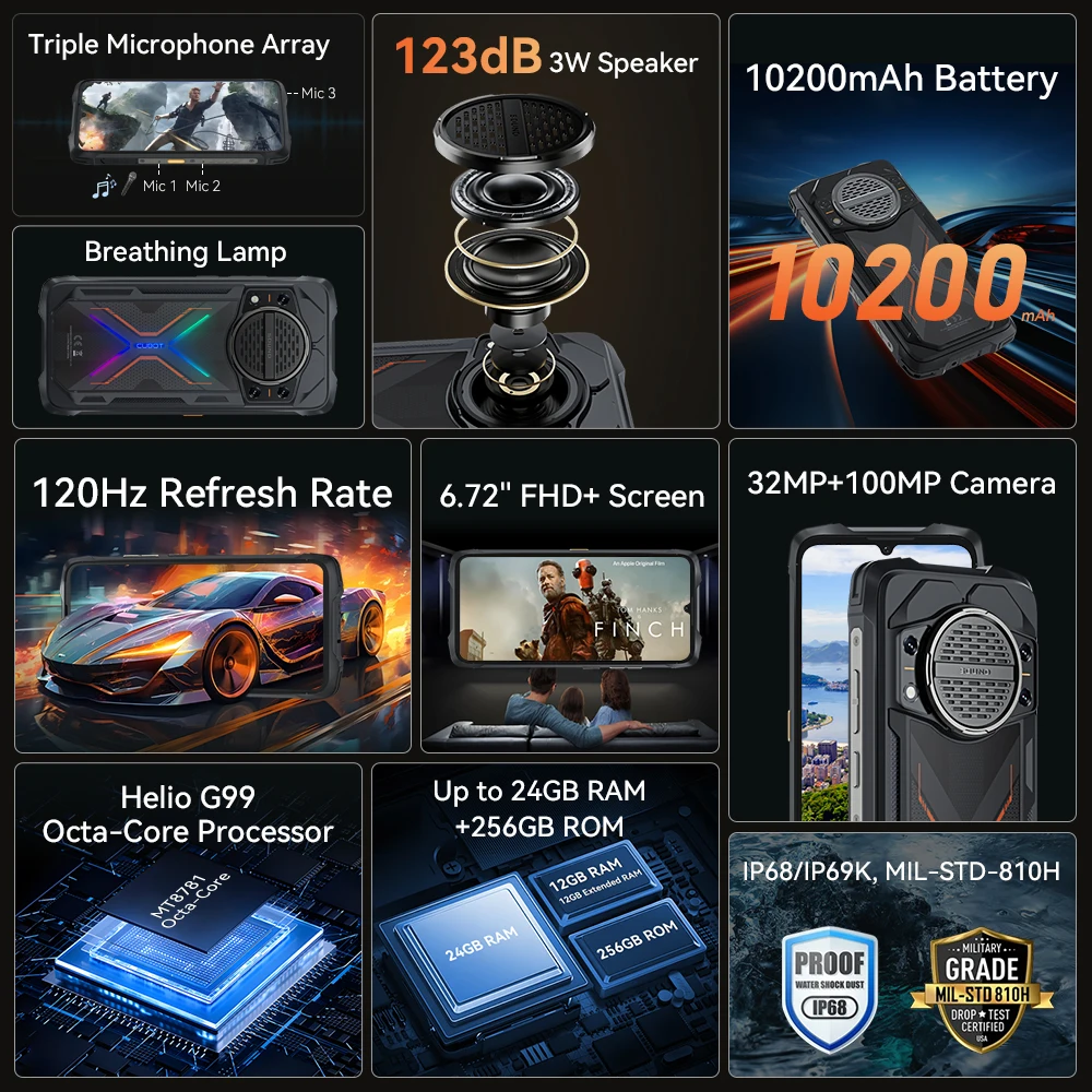 Cubot KingKong Power 3, Smartphone Android 14, Altavoz de 123dB, Helio G99, Pantalla de 6,72" de 120Hz, Ampliable hasta 24GB de RAM, 256GB de ROM, Batería de 10200mAh, Cámara de 100MP, NFC, 4G movil - Imagen 6