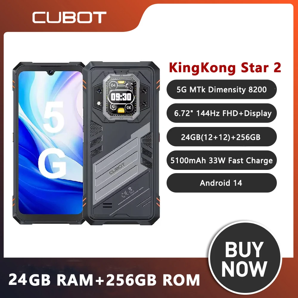 Cubot KingKong Star 2 ultrafino resistente pantalla de 6,72 «144Hz 5G Smartphone 4nm MTK D8200 24GB 256GB NFC teléfono inteligente versión Global