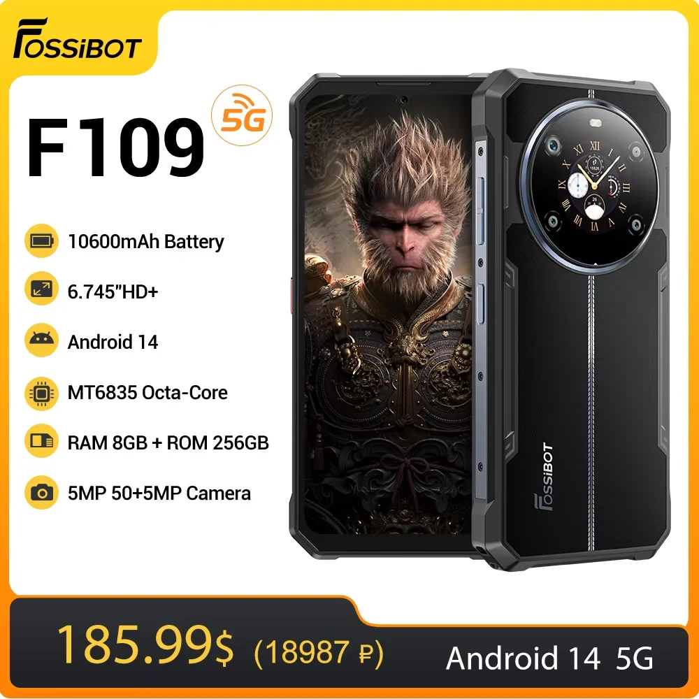Estreno mundial Fossibot teléfono resistente 5G teléfono móvil 8 + 256GB 6,745 «10600mAh NFC identificación facial Android 14 pantalla trasera Smartphone