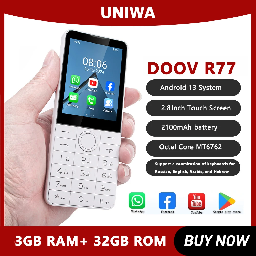 DOOV R77 4G pantalla táctil inteligente teclado de 2,8 pulgadas teléfono móvil sin cámara 3GB + 32GB 2100mAh Android 13 teclado hebreo de Whatsapp